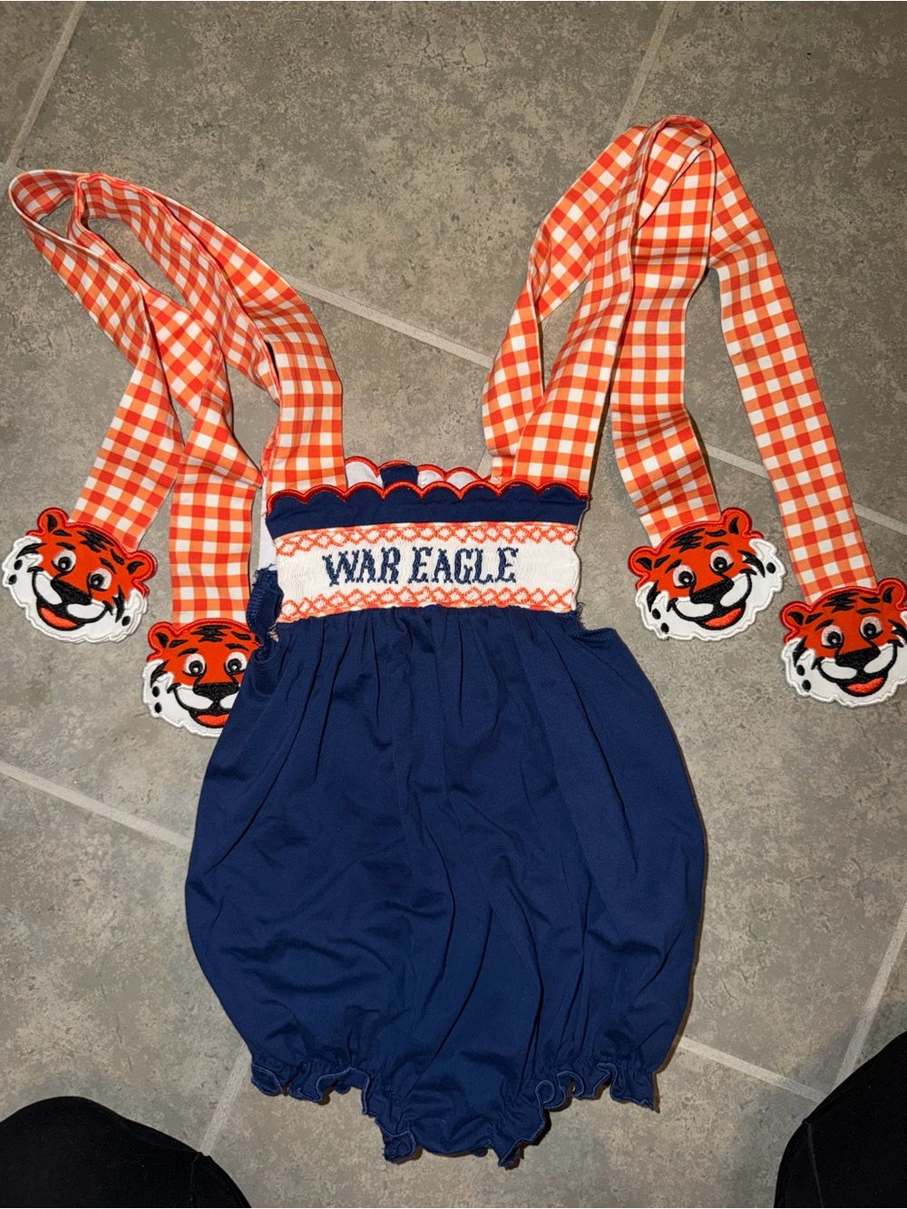 War Eagle Navy & Orange Gingham Suspender Bubble Romper